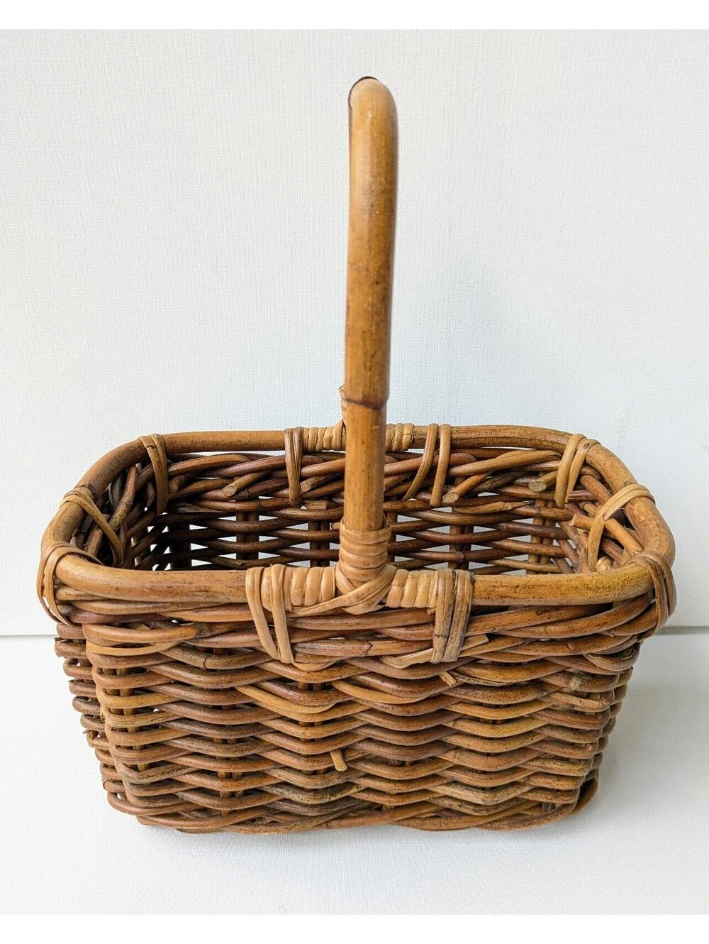 True Vintage Handcrafted Wicker Basket, Bentwood Handle, Divided Interior